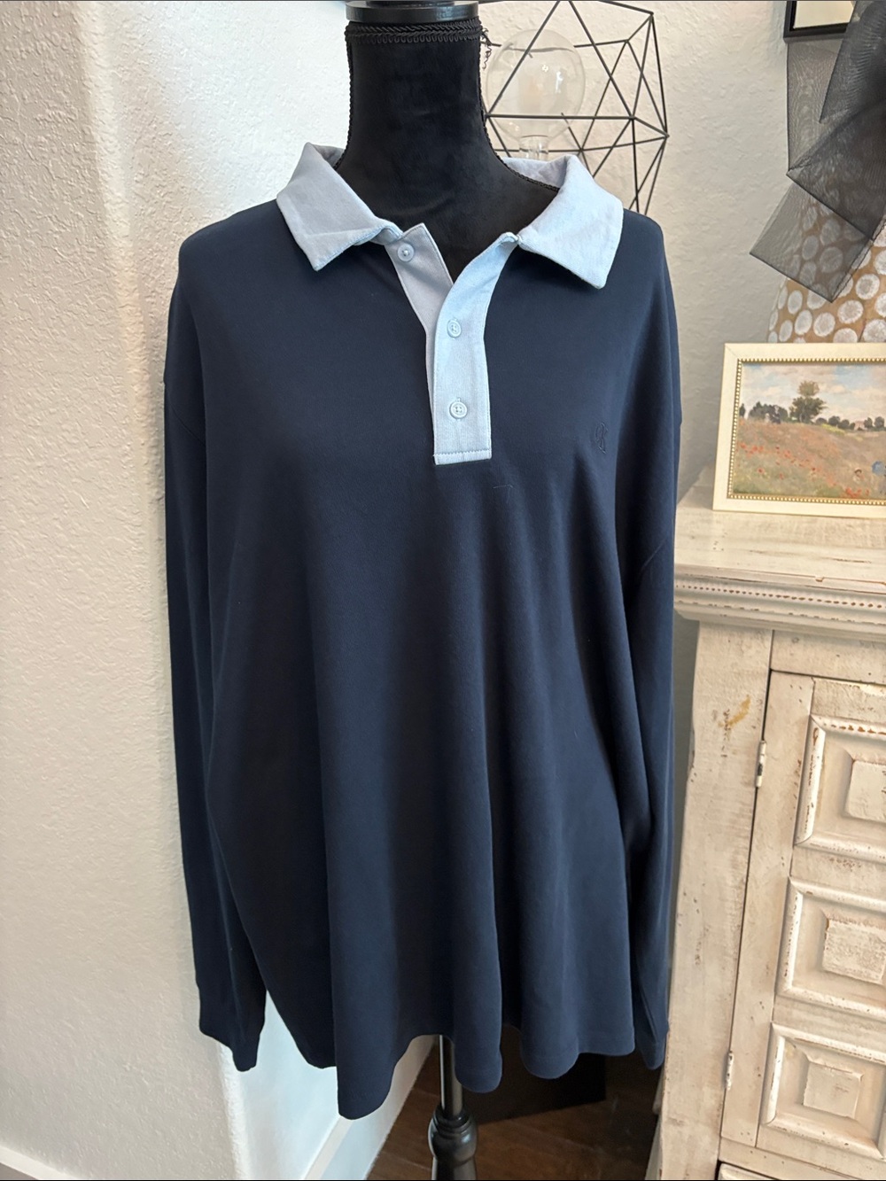 Calvin Klein Men's Long-Sleeve Navy Polo with Light Blue Collar